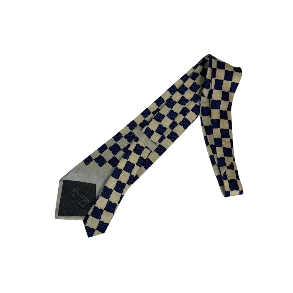 Gianfranco Ferre Mens Navy Blue Cream Checkered Silk Tie Made in Italy